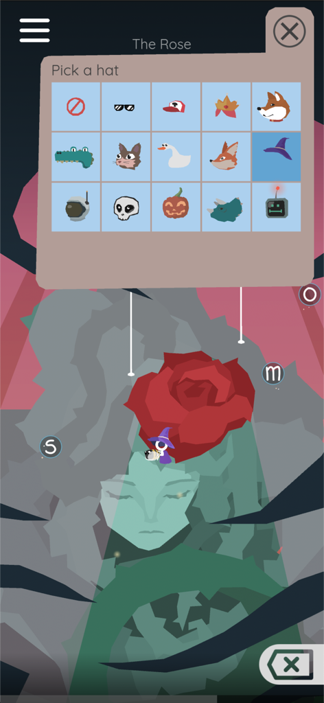 Scattered Verse - A customization menu in the Scattered Verse app where players can pick a hat for their character over a minimalist level titled The Rose.