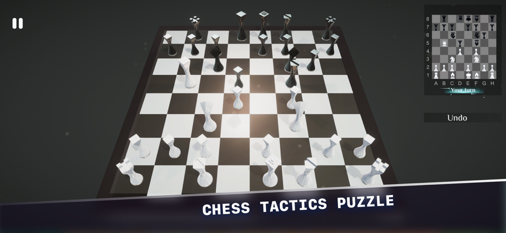 A 3D chess board with stylized white and black pieces featuring a tactics puzzle interface