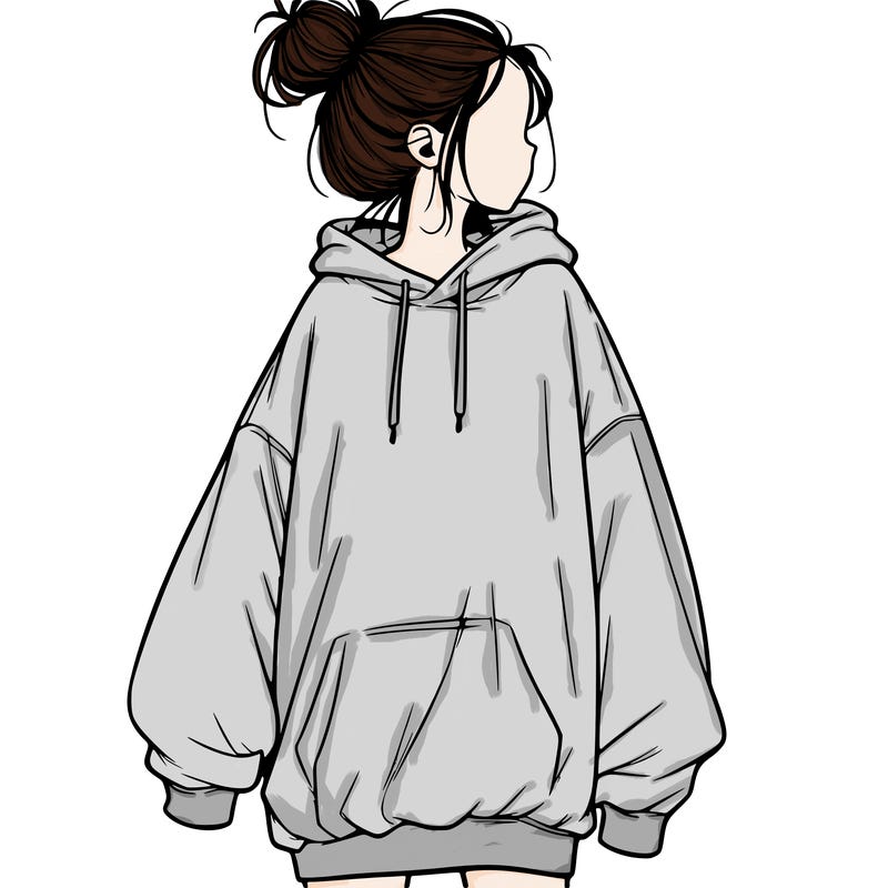 realistic girl with a oversized sweatshirt on and a bun