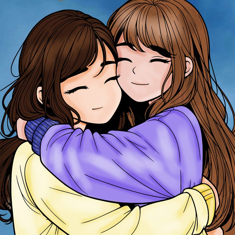realistic two girls hugging