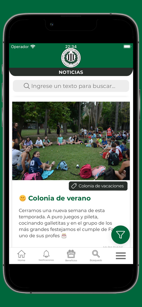 Club Banco Provincia La Plata - Pantalla de noticias de la app Club Banco Provincia La Plata mostrando una publicación sobre las actividades del campamento de verano.