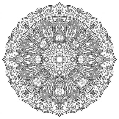 Delve into the grandeur of the Middle Ages with this magnificent mandala coloring page, showcasing majestic medieval monarchs. This intricate design promises a rich coloring experience for history enthusiasts and art lovers alike.