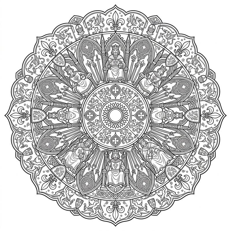 Delve into the grandeur of the Middle Ages with this magnificent mandala coloring page, showcasing majestic medieval monarchs. This intricate design promises a rich coloring experience for history enthusiasts and art lovers alike.