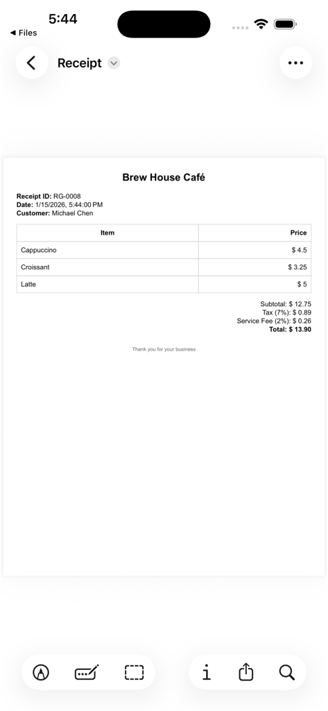 Un ejemplo de recibo PDF profesional de la aplicación Generador de Recibos Experto que muestra artículos e impuestos para una cafetería