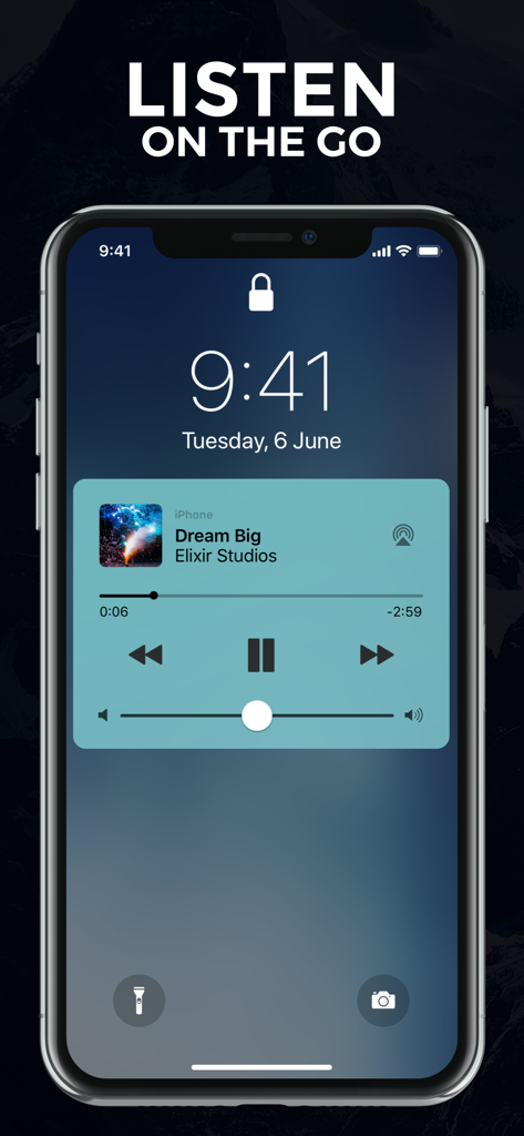 Motivate: Daily Motivation - Schermata di blocco dell'iPhone che mostra il widget del lettore audio dell'app Motivate per l'ascolto in movimento
