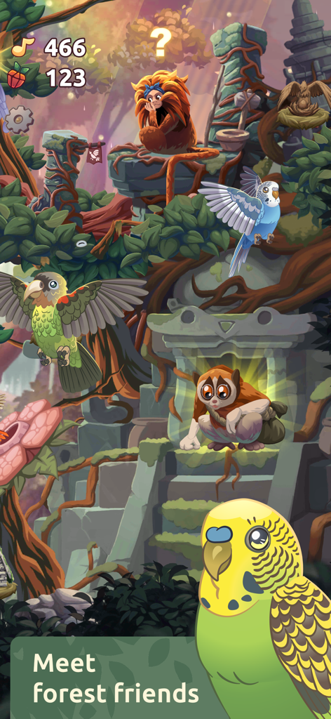 A vibrant jungle scene in Bird Kind featuring colorful birds and forest animals like a slow loris and golden lion tamarin.