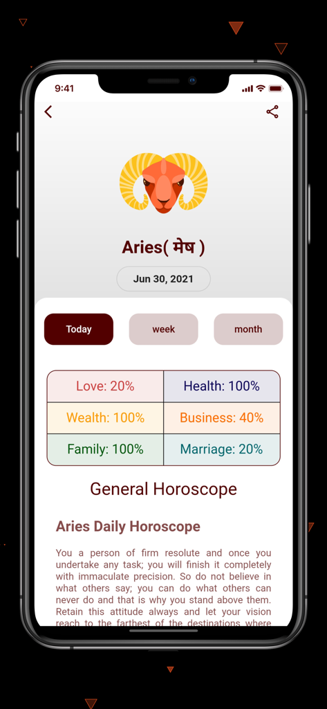 Tägliches Horoskopbildschirm für Widder in der Astrologie-App, das Sternzeichen-Details und Prozentbewertungen für Liebe, Gesundheit und Wohlstand zeigt