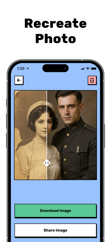 Restore Old Photos - Restora - Vorher-Nachher-Vergleich eines alten Sepia-Fotos, das mit der Restora-App zu Farbe restauriert wurde