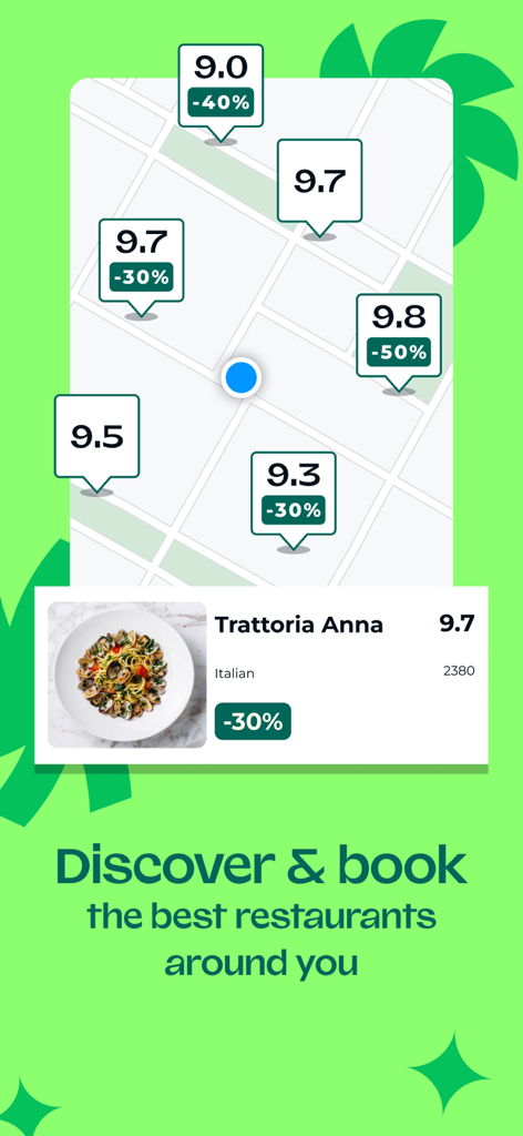 Interface of TheFork app showing a map with restaurant ratings and discounts for nearby dining options