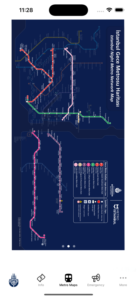 Istanbul Subway Map - Une carte détaillée du réseau de métro de nuit d'Istanbul montrant diverses lignes codées par couleur et une légende pour les stations et les symboles.