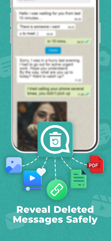 WAMR Recover Deleted Messages - Tela de um iPhone exibindo a funcionalidade do aplicativo WAMR para revelar e recuperar mensagens de bate-papo e arquivos de mídia excluídos
