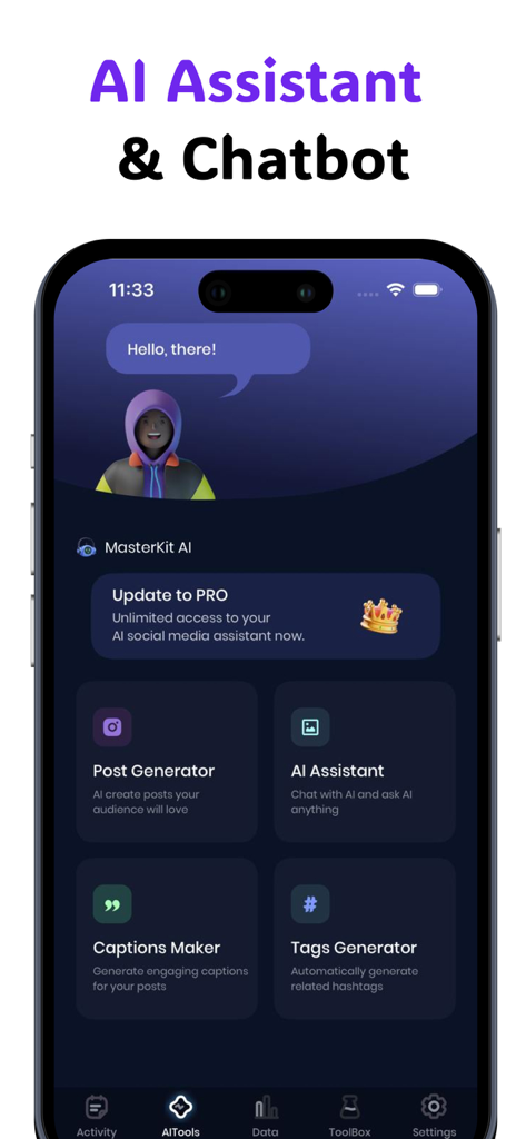 Profile Tracker:Who Unfollowed - Profile Tracker app dashboard featuring AI social media tools and chatbot