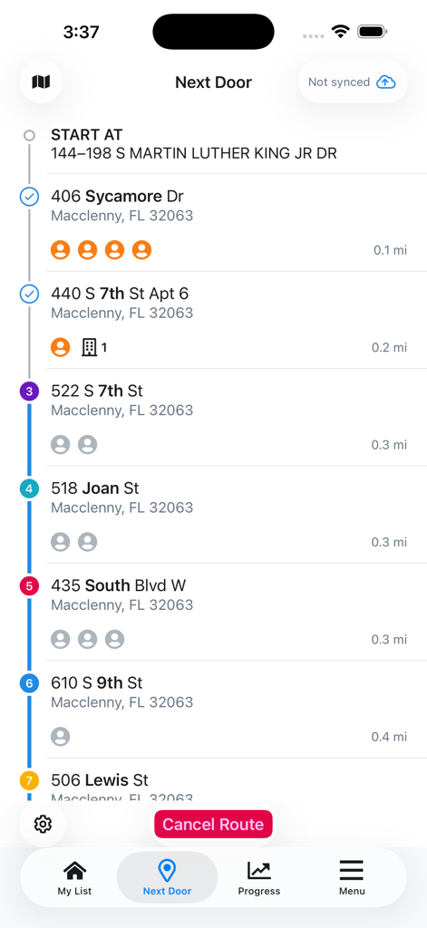 MiniVAN Touch - MiniVAN Touchモバイルアプリに、住所リストと進捗状況が表示された戸別訪問ルートを表示