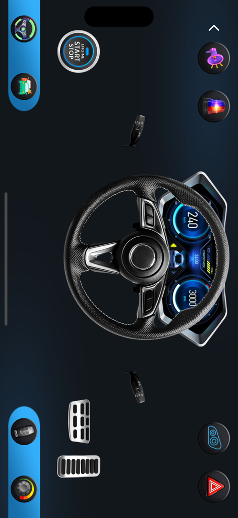 Car Engine & Horn Sounds - Interactive car simulator interface featuring a steering wheel and digital dashboard