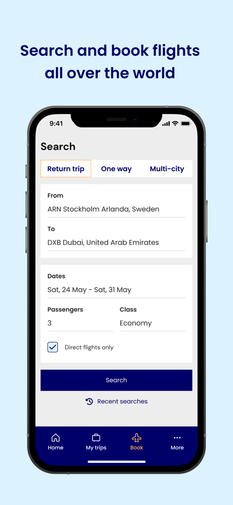 Flightnetwork - Flightnetworkモバイルアプリに、3人の乗客のためのストックホルムからドバイへの往復フライトのフライト検索画面が表示されています。