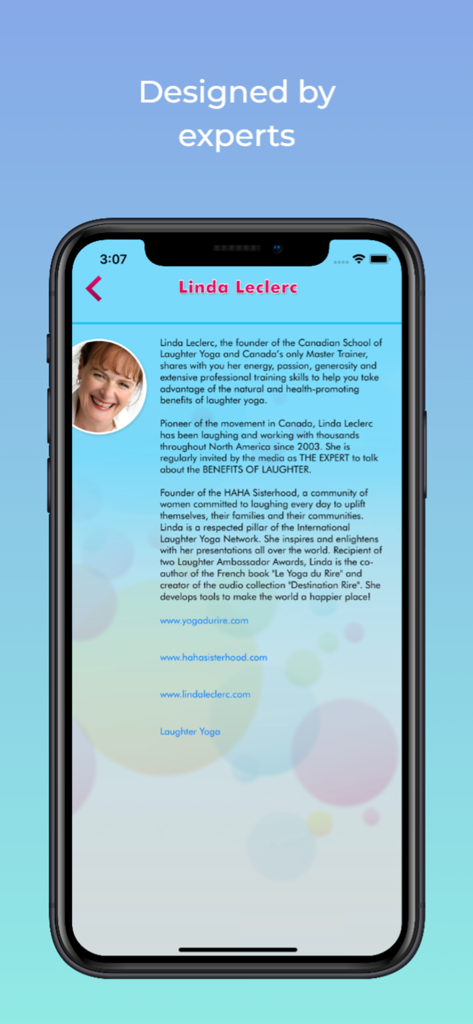 Profilseite von Linda Leclerc, einer Lachyoga-Expertin, in der mobilen Let's Laugh App
