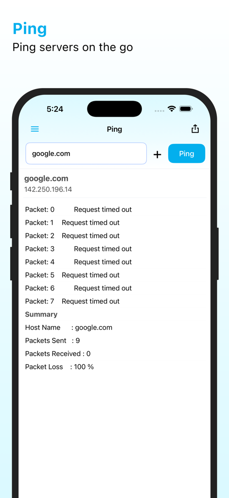 ManageEngine Ping Tool - Interfaz de la aplicación ManageEngine Ping Tool mostrando una prueba de conectividad del servidor con resultados de pérdida de paquetes en un iPhone