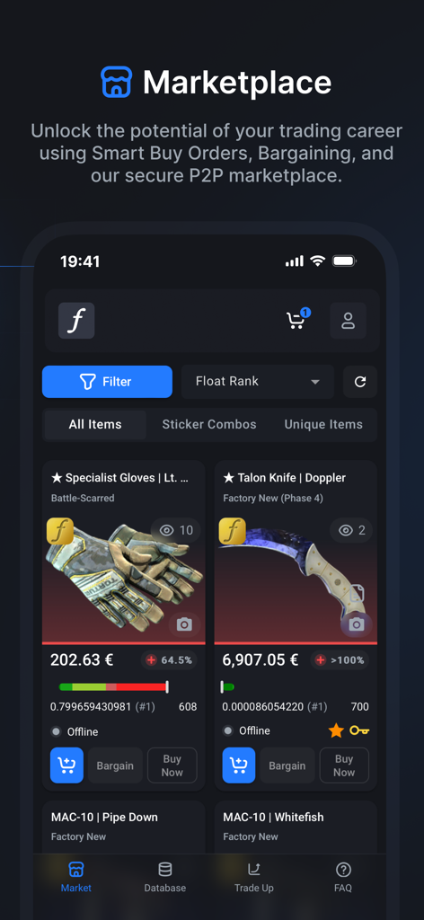 CSFloat mobile app marketplace interface showing CS2 weapon skins for sale with float values and prices