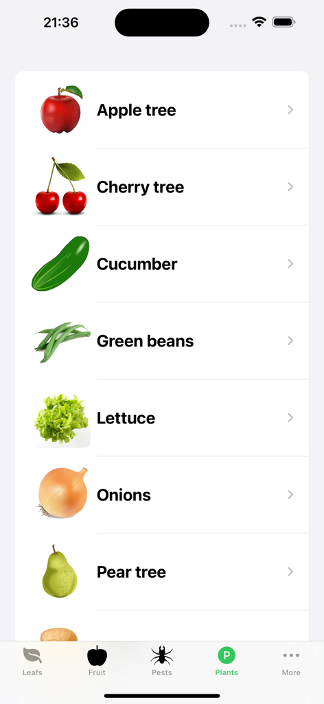 Selection list of various plants and trees in the plant diseases and pests app