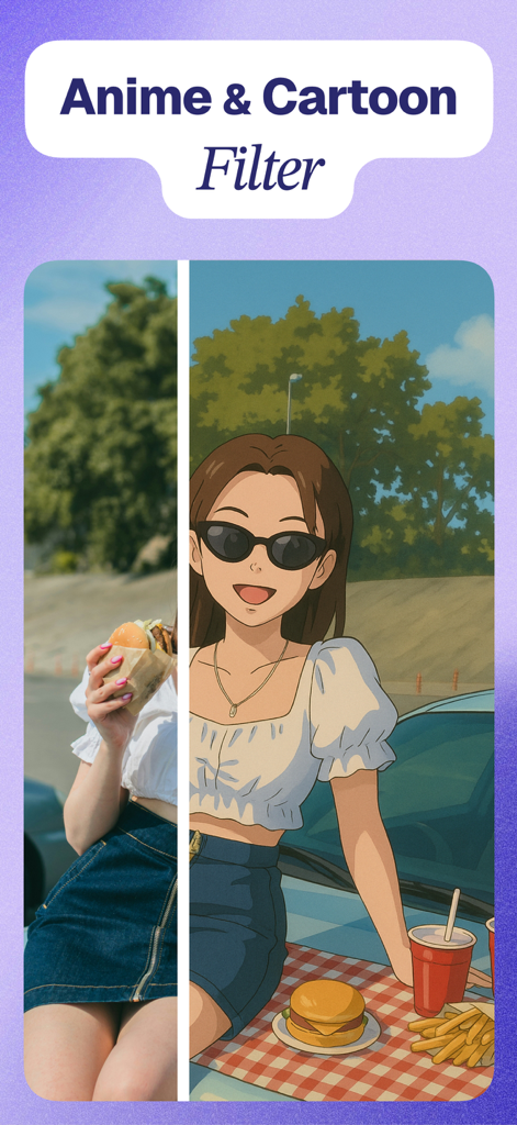 Uma tela dividida mostrando uma foto real de uma mulher transformada em uma ilustração de personagem de anime