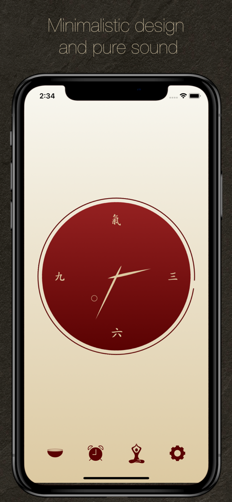 Minimalist Zen-style clock interface of the i-Qi meditation timer app featuring a red circular dial with traditional characters.