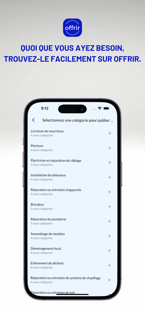 Offrir - Achetez,Vendez,Louez - 사용자가 광고를 게시할 수 있는 다양한 서비스 카테고리를 보여주는 iPhone의 Offrir 앱 인터페이스.