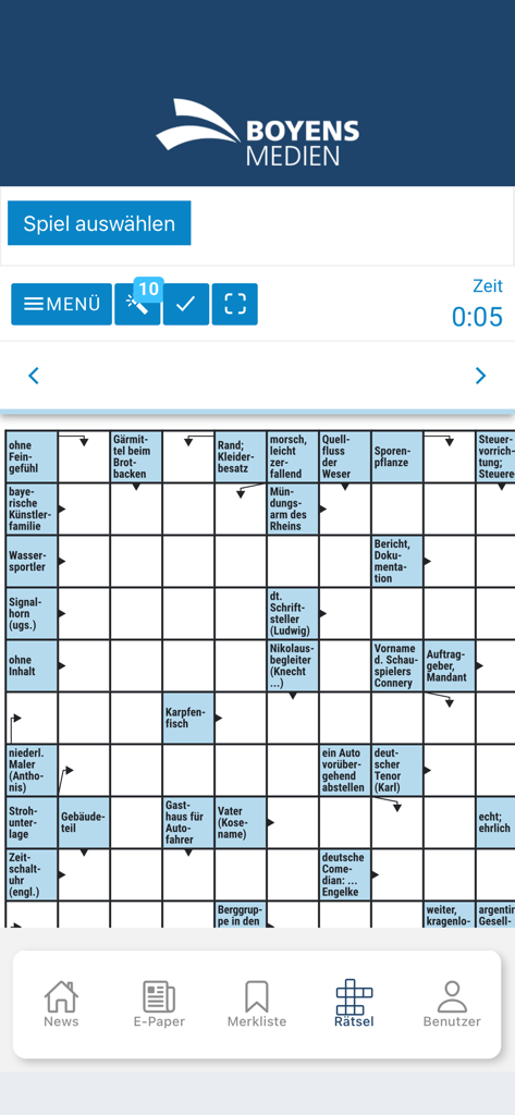 Digitales Kreuzworträtsel-Interface in der Boyens Medien Mobile App