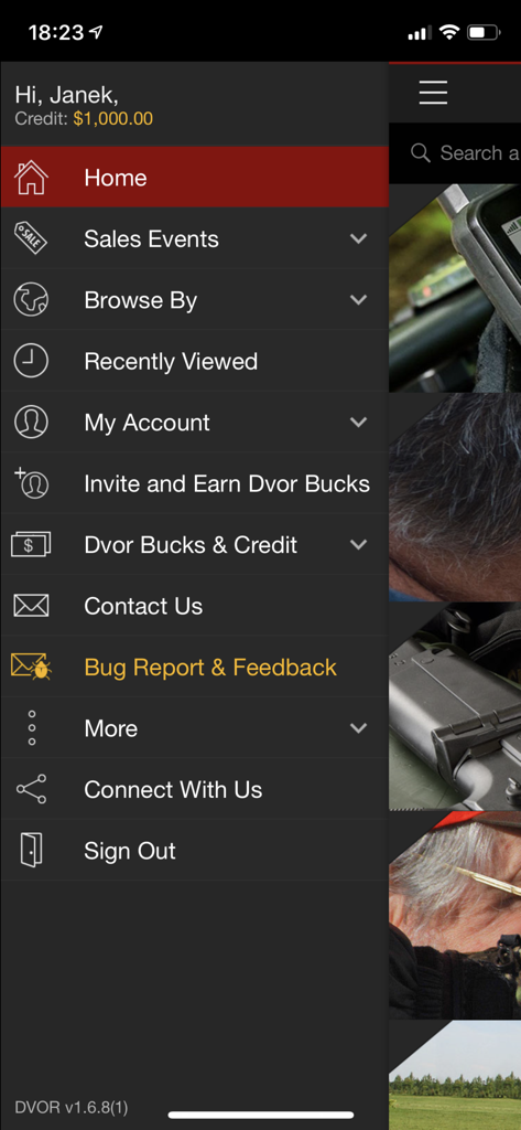 DVOR - Side navigation menu of the DVOR shopping app showing account credits and gear categories