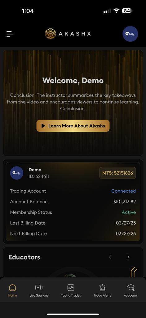 Akashx mobile app dashboard showing user account balance and trading educators menu