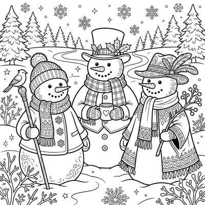 Enjoy coloring a delightful scene with three uniquely decorated snowmen nestled in a serene winter wonderland. This enchanting page offers a perfect escape for creative minds ready to add their personal touch to a festive snowy landscape.