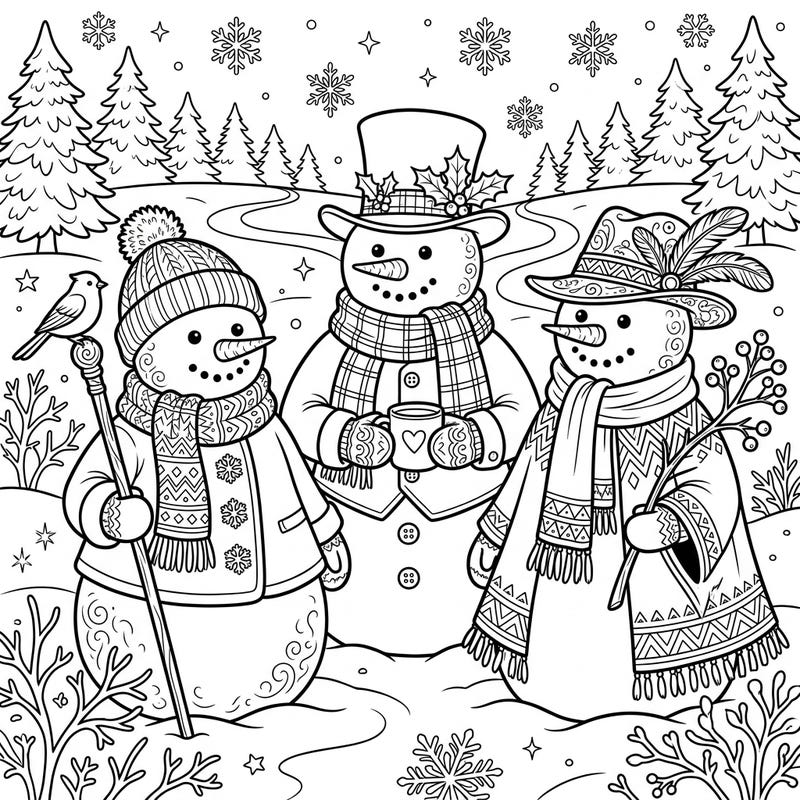 Enjoy coloring a delightful scene with three uniquely decorated snowmen nestled in a serene winter wonderland. This enchanting page offers a perfect escape for creative minds ready to add their personal touch to a festive snowy landscape.