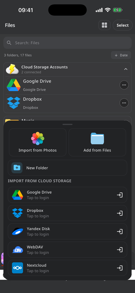 xDL - Cloud Files Downloader - Interfaz de la aplicación xDL que muestra opciones para importar archivos desde fotos, almacenamiento local y varios servicios en la nube.