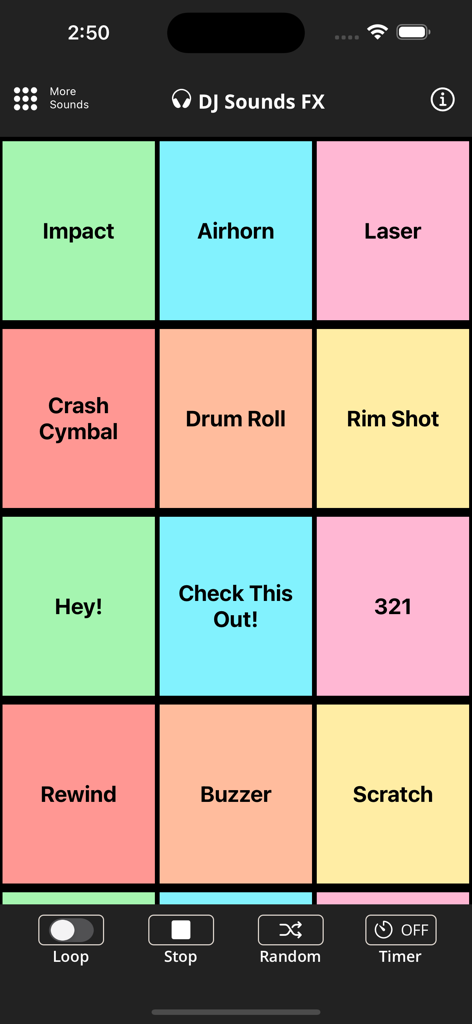 A colorful soundboard interface for the DJ Sound FX app with various sound effect pads.