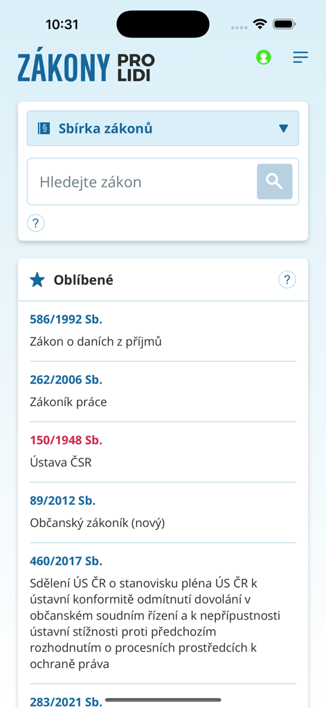 Zákony pro lidi - 法律検索バーと、お気に入りのチェコ法典リストを特徴とするZakony pro lidiモバイルアプリのメインインターフェース。
