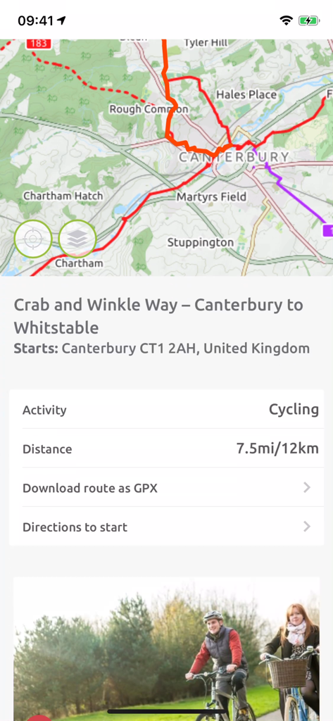 Kent Connected - Radroutenkarte in der Kent Connected App, die den Crab and Winkle Way von Canterbury nach Whitstable mit Angabe von Entfernung und Dauer zeigt