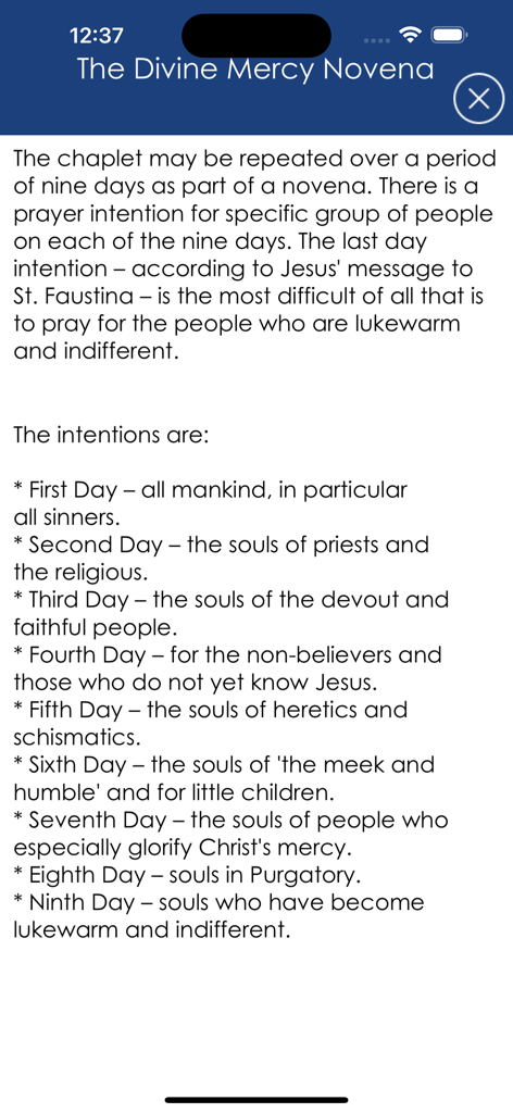 My Chaplet of Divine Mercy - Pantalla que muestra las intenciones de oración de los nueve días para la Novena de la Divina Misericordia.