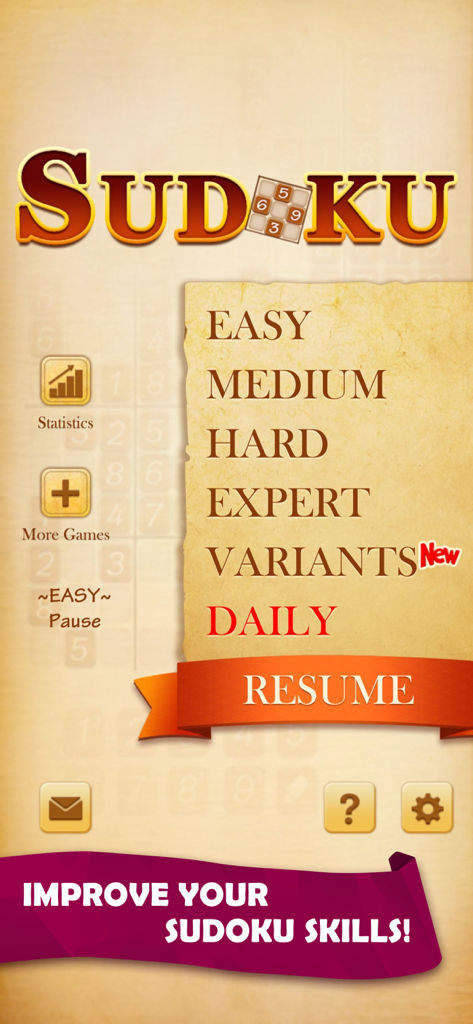 Main menu of the Sudoku Fever app showing game modes difficulty levels and statistics on a parchment style background