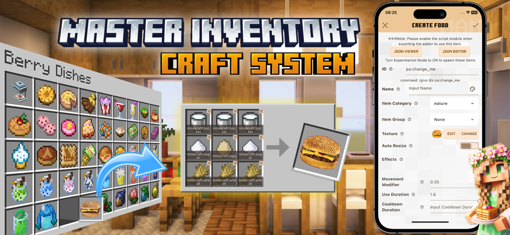 Un menu che mostra oggetti alimentari personalizzati e un'interfaccia di ricetta di crafting per creare un hamburger in Minecraft