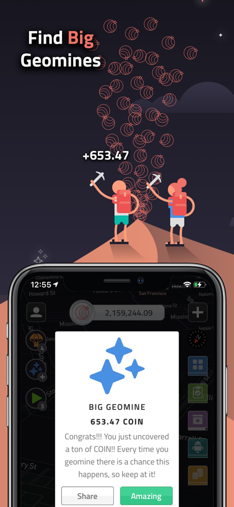 COIN: Always Be Earning - Tela de smartphone mostrando uma notificação de recompensa Big Geomine no aplicativo COIN