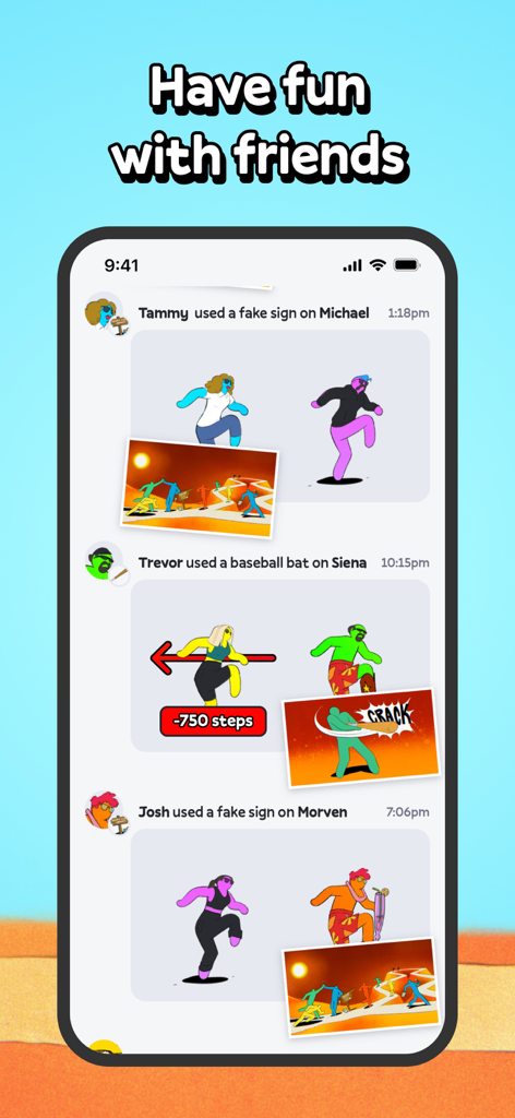 Social feed in the Stompers app showing friend interactions and gamified step counting challenges
