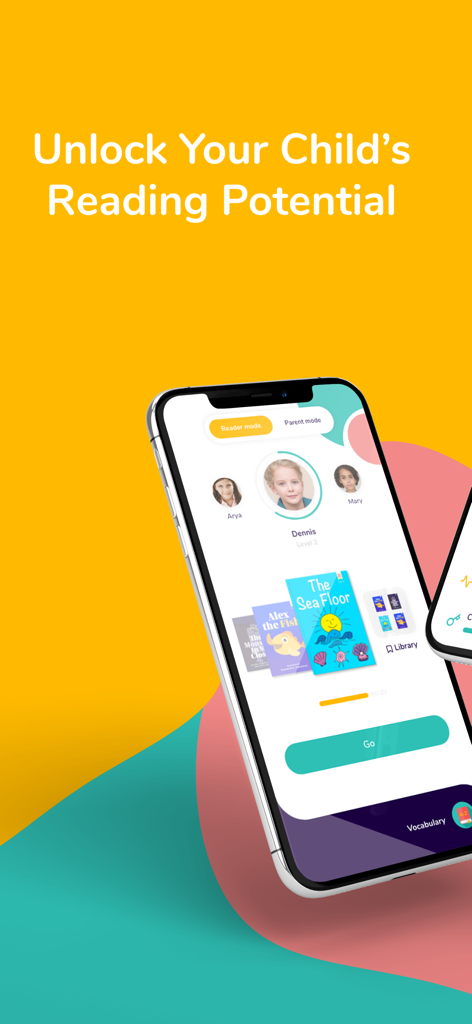 Readability app interface displaying child profiles and a digital library of educational stories.