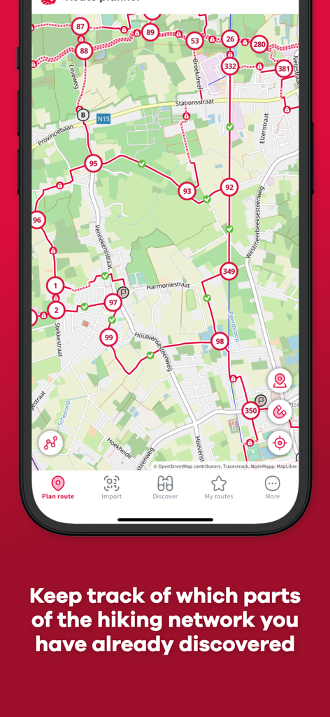NodeMapp Hike - Route planner in the NodeMapp Hike app showing completed hiking segments with green checkmarks