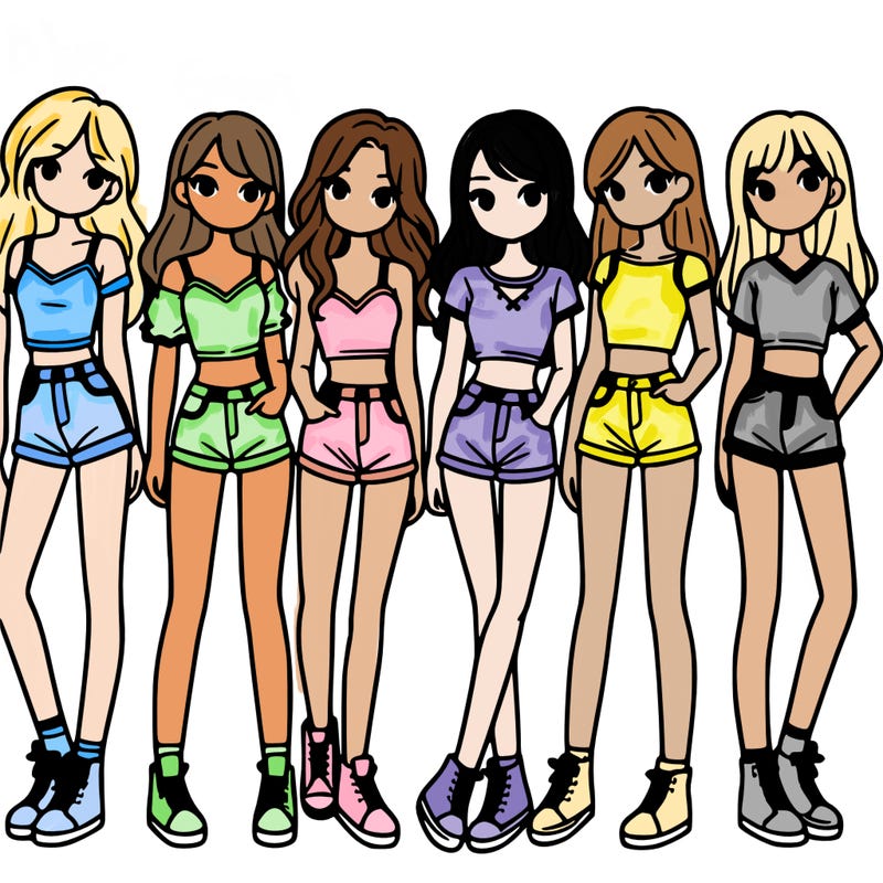a group of girls wearing crop tops and shorts