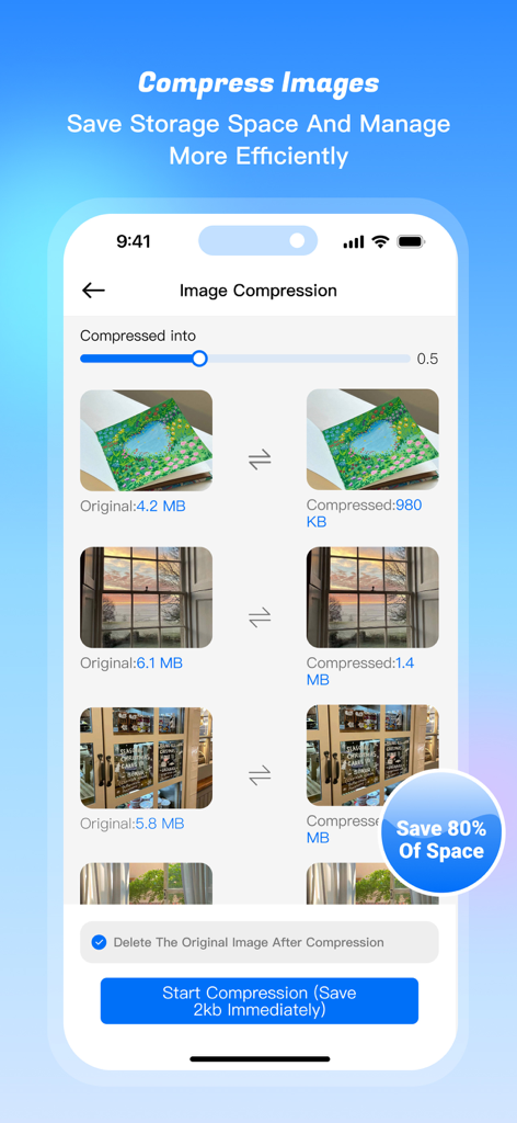 Share File：Smart Transfer Data - Oberfläche der NeTransfer-App, die das Bildkomprimierungstool zeigt, um Speicherplatz zu sparen, indem die Dateigröße von Fotos reduziert wird.