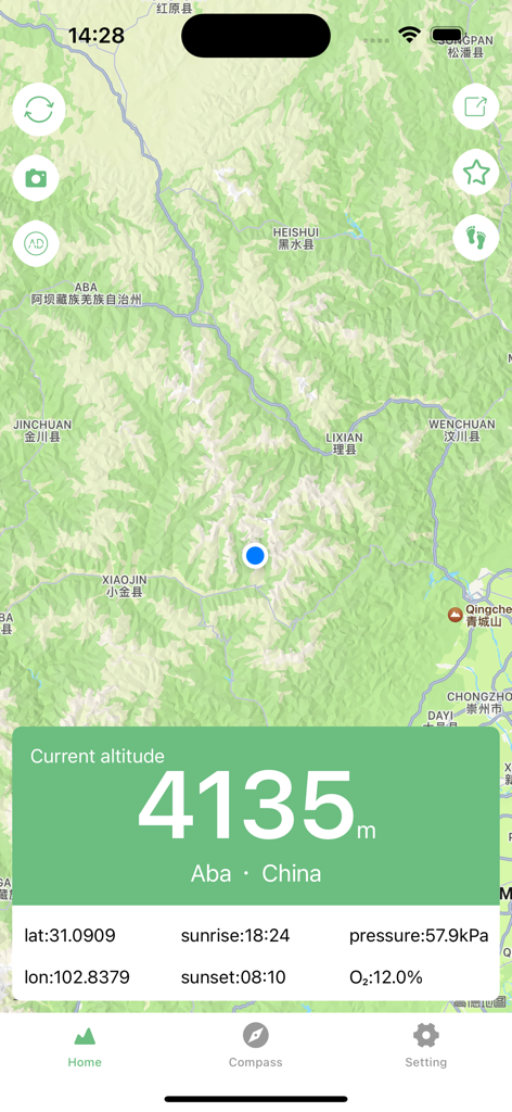 GPS Altitude&Height tracker - Mobile interface of the GPS Altitude tracker app displaying a current height of 4135 meters and location on a topographic map.
