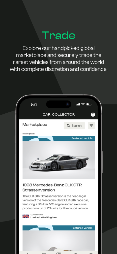 Car Collector - A luxury car marketplace screen in the Car Collector app featuring a rare 1998 Mercedes-Benz CLK GTR