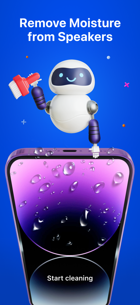 Clean Tune app interface showing a robot cleaning water off an iPhone with the text Remove Moisture from Speakers
