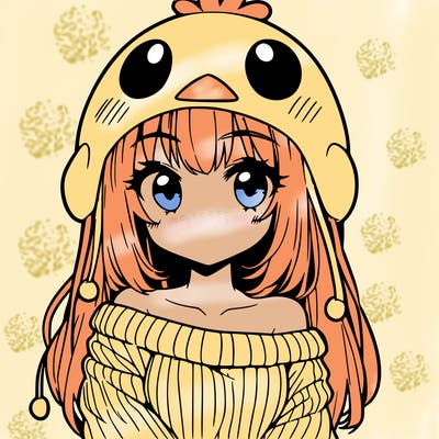 anime girl with chick shaped hat with sweater with bare shoulders with bangs covering them one eye with low tail