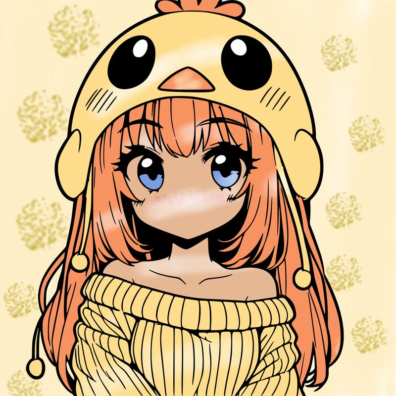 anime girl with chick shaped hat with sweater with bare shoulders with bangs covering them one eye with low tail