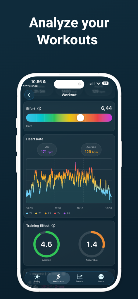 Body Battery - Schermata di analisi dell'allenamento dell'app Body Battery che mostra il grafico della frequenza cardiaca e le metriche dell'effetto dell'allenamento